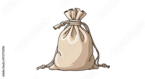 An antique drawstring pouch made of cloth is shown with its top cinched closed by a cord.