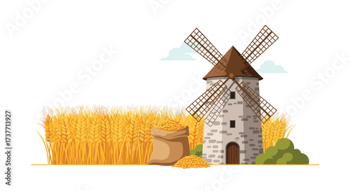 A rustic windmill stands beside a golden field of ripe wheat with a sack full of grain nearby.