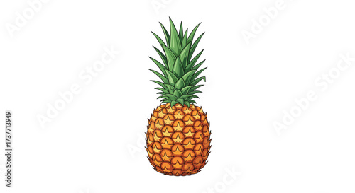 A ripe yellow pineapple with a green leafy crown sits isolated on a white background.