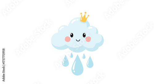 A cute little cloud wearing a golden crown raining down water droplets.