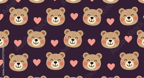 Cute teddy bear pattern with pink hearts on a dark purple background.