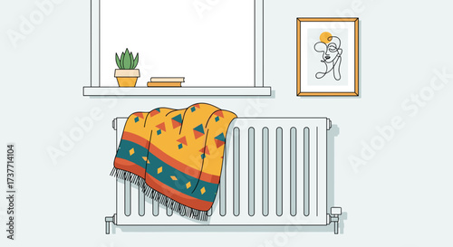 Cozy blanket draped over a radiator near a sunny window and potted plant