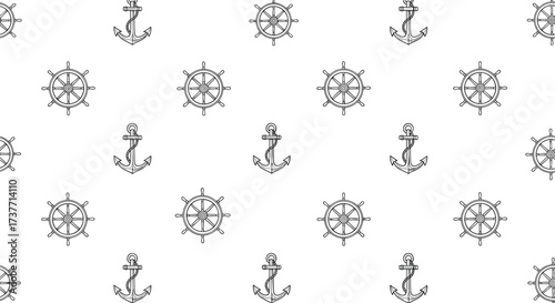 A nautical pattern featuring anchors and ship's wheels repeated across a white background.