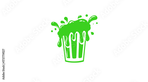 Vibrant green drink splashing and dripping from a cup, cartoon vector graphic illustration with dynamic liquid spill