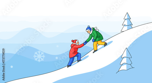 Children climbing a snowy hill, enjoying winter play and adventure
