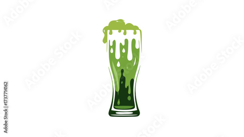 Vibrant green drink in a tall glass, overflowing with frothy foam and dripping liquid. Flat vector illustration of a festive beverage.