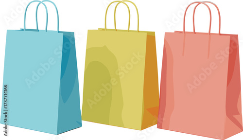 AColorful shopping paper bags with handles on white background, perfect for retail, gift packaging, branding, eco-friendly store displays.rt & Illustration