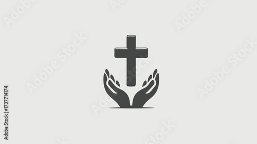Stylized Christian cross embraced by hands, symbolizing faith, hope, prayer, and spirituality. Religious icon illustration.