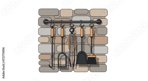 Fireplace tools hanging on a stone wall for easy access and organization