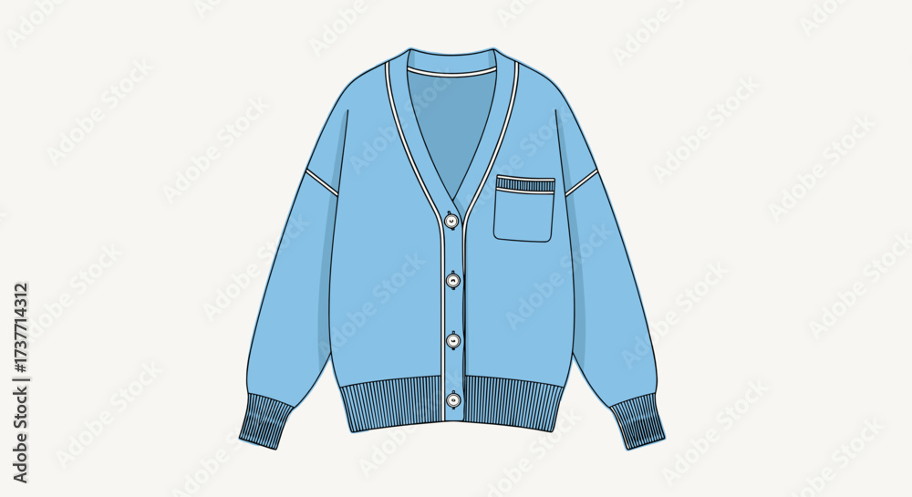Fototapeta premium Close-up illustration of a cozy blue cardigan with buttons and pocket