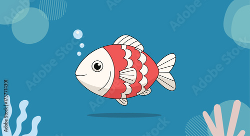 A bright red and white striped fish swims serenely in the clear blue ocean.