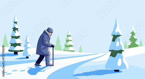 Elderly man walking with a cane along a snowy path surrounded by snow-covered trees