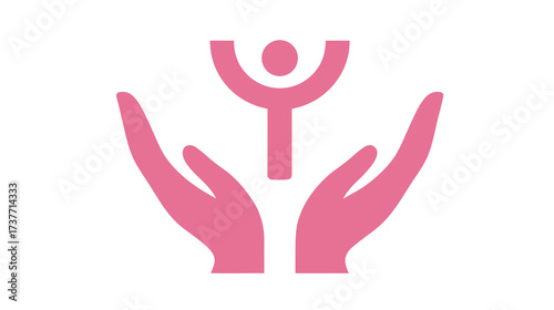 Pink hands cupping a stylized human figure, symbolizing care, support, protection, community, health, and well-being icon