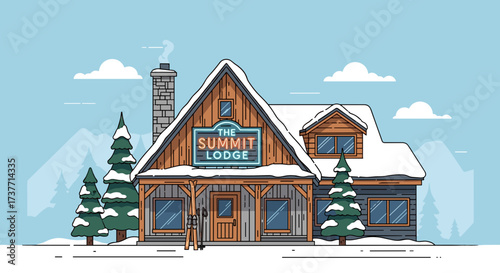 Exterior of an old ski lodge covered in snow with a welcoming atmosphere