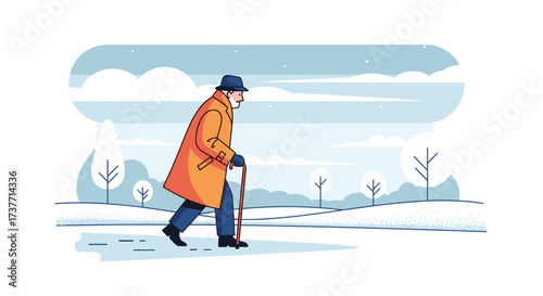 Old man walking along a snowy path with a cane in a winter landscape