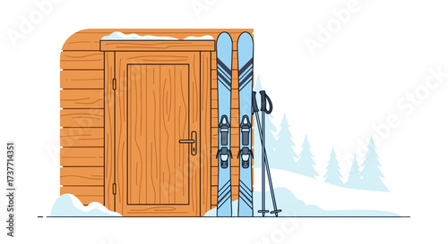 Skis and poles leaning against a wooden cabin door in a snowy environment
