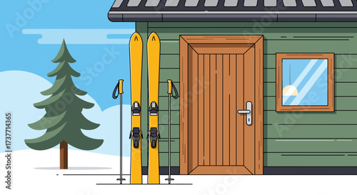 Skis leaning against a green cabin door in a snowy landscape