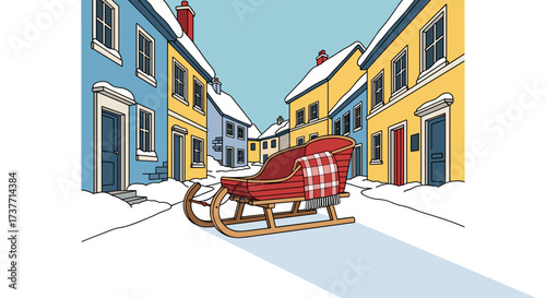 Sled parked in a snowy village alley surrounded by colorful houses