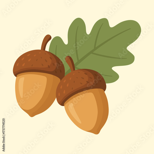 Two acorns with oak leaf in flat vector style