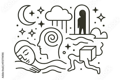 Surreal Dream and Subconscious Mind Line Art Illustration
