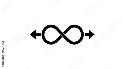 Black infinity symbol with opposing arrows icon. Concept of endlessness, continuity, loop, unlimited flow, and perpetual motion.