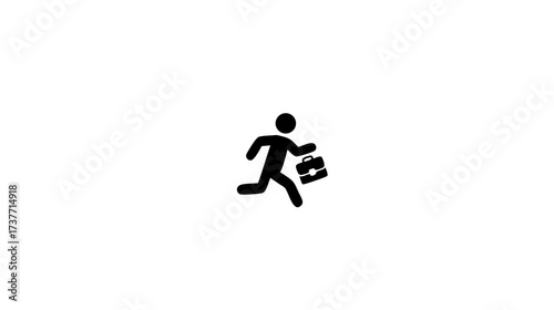 Minimalist stick figure icon of a person running with a briefcase, depicting urgency, business, and busy work life.