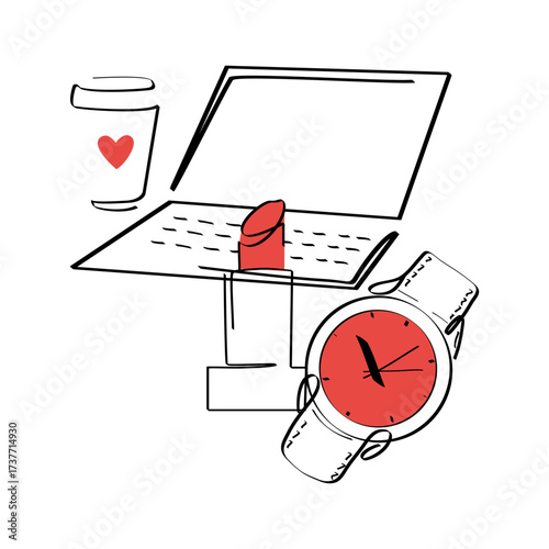 Single line art symbolizing the daily work routine with a laptop ready and coffee nearby for girls with watch and red lipstick on white background