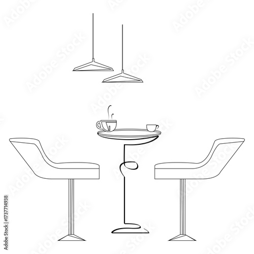 Table and chairs in continuous line art drawing style. Line drawing of interior of restaurant, cafe, dining room with two cups of coffee