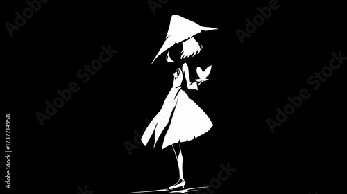 Minimalist silhouette art of a person wearing a traditional conical hat, holding a small object in a high contrast black and white style.