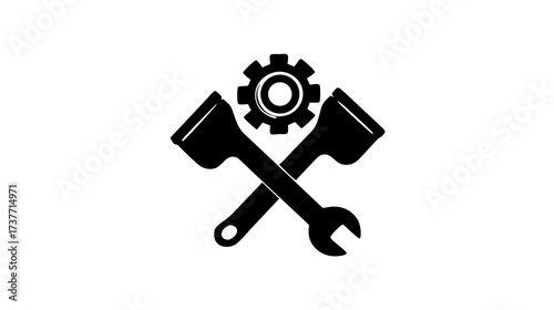 Black icon featuring a gear and crossed wrenches, symbolizing mechanical repair, engineering, maintenance, technical service, and settings. Vector graphic element.