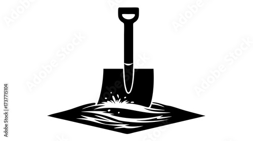 Black silhouette vector icon of a shovel digging into earth or soil, with dirt splash. Perfect for gardening, construction, and ground work.