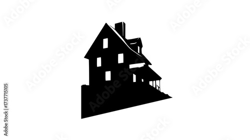 Simple black silhouette of a traditional residential house on a clean white background, classic home architectural icon, property graphic
