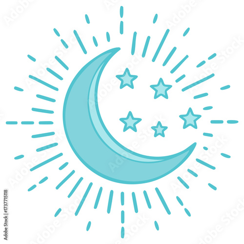 Light blue crescent moon and four stars with radiating glow celestial vector illustration