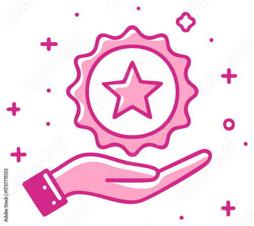 Hand Holding Star Shaped Symbol, Award of Achievement, Pink Icon