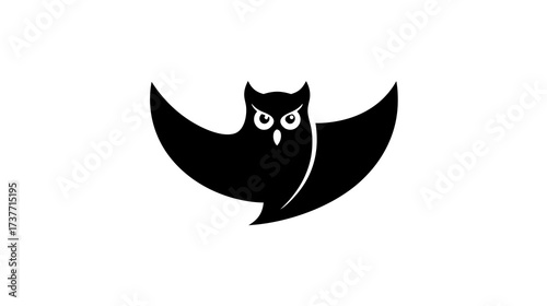Elegant black owl silhouette with wide spread wings, a minimalist vector icon representing wisdom, nature, and nocturnal beauty.
