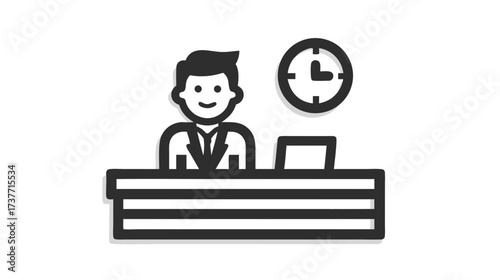 Smiling Customer Service or Receptionist Icon with Desk, Clock, and Computer. Business Time Management and Service Scheduling Concept.