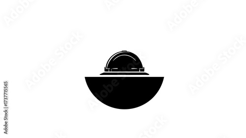 Black Hard Hat Safety Helmet Icon Silhouette Over Semicircle. Industrial Worker Protection Symbol, Labor Safety Graphic Element.