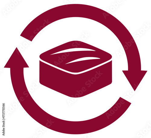 Deep red abstract cube shape encircled by a circular arrow representing continuous cycle or process symbol
