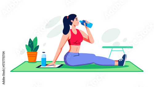 Illustration of a woman drinking water after workout at home for health and wellness