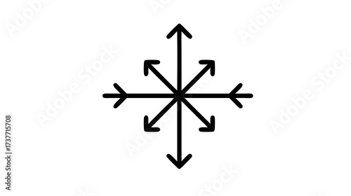 Abstract radial arrow icon. Black arrows pointing outwards from a central point, symbolizing expansion, direction, movement, or versatility.