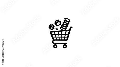Shopping cart icon with gears and coins, symbolizing financial processes, retail costs, economy, and e-commerce transactions.