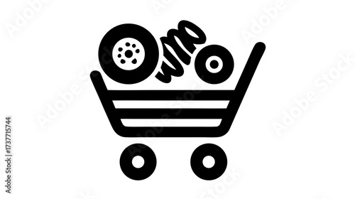 Online shopping cart icon filled with automotive spare parts, representing vehicle maintenance, car repair services, and e-commerce