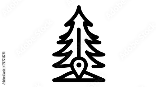 Pine tree location pin icon, natural park map marker, outdoor travel destination symbol, forest navigation graphic vector
