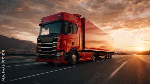 Red truck driving on open highway at sunset with dramatic clouds in the sky and warm light reflecting off the vehicle and surroundings