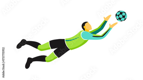 Illustration of soccer goalkeeper diving to catch the ball in green and black uniform