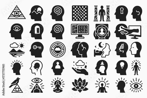 Minimalist conceptual illustration exploring the contrast between illusion and reality. Depicts symbolic elements such as masks, mirrors, reflections, or fragmented shapes representing perception