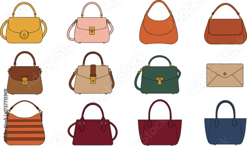 Fashion illustration of stylish handbags collection, modern designer purses, luxury tote bags, trendy clutch, colorful shoulder bags, elegant accessories, isolated