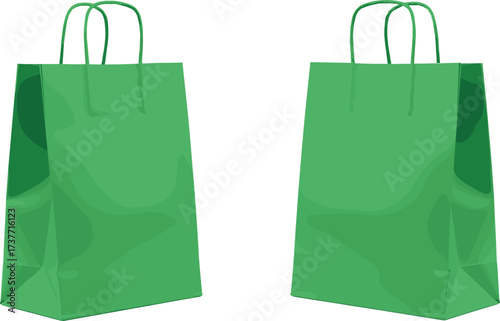 Green paper shopping bags with handles, eco-friendly gift packaging, retail merchandise bags, recyclable kraft paper bags for sustainable use
