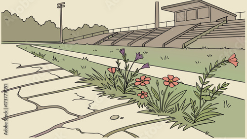 Illustration of stadium bleachers with flowers and cracked concrete pathway artwork