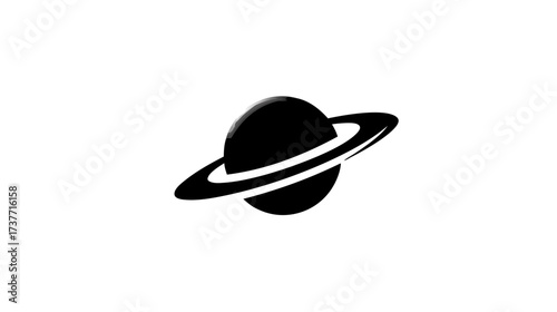 Minimalist black ringed planet icon on white background. Stylized cosmic illustration for science, space, and universe concepts.